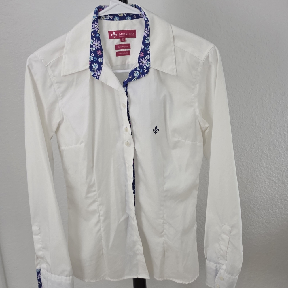 Dudalina women's White/Floral long-sleeve shirt 100% Egyptian Cotton US-S
